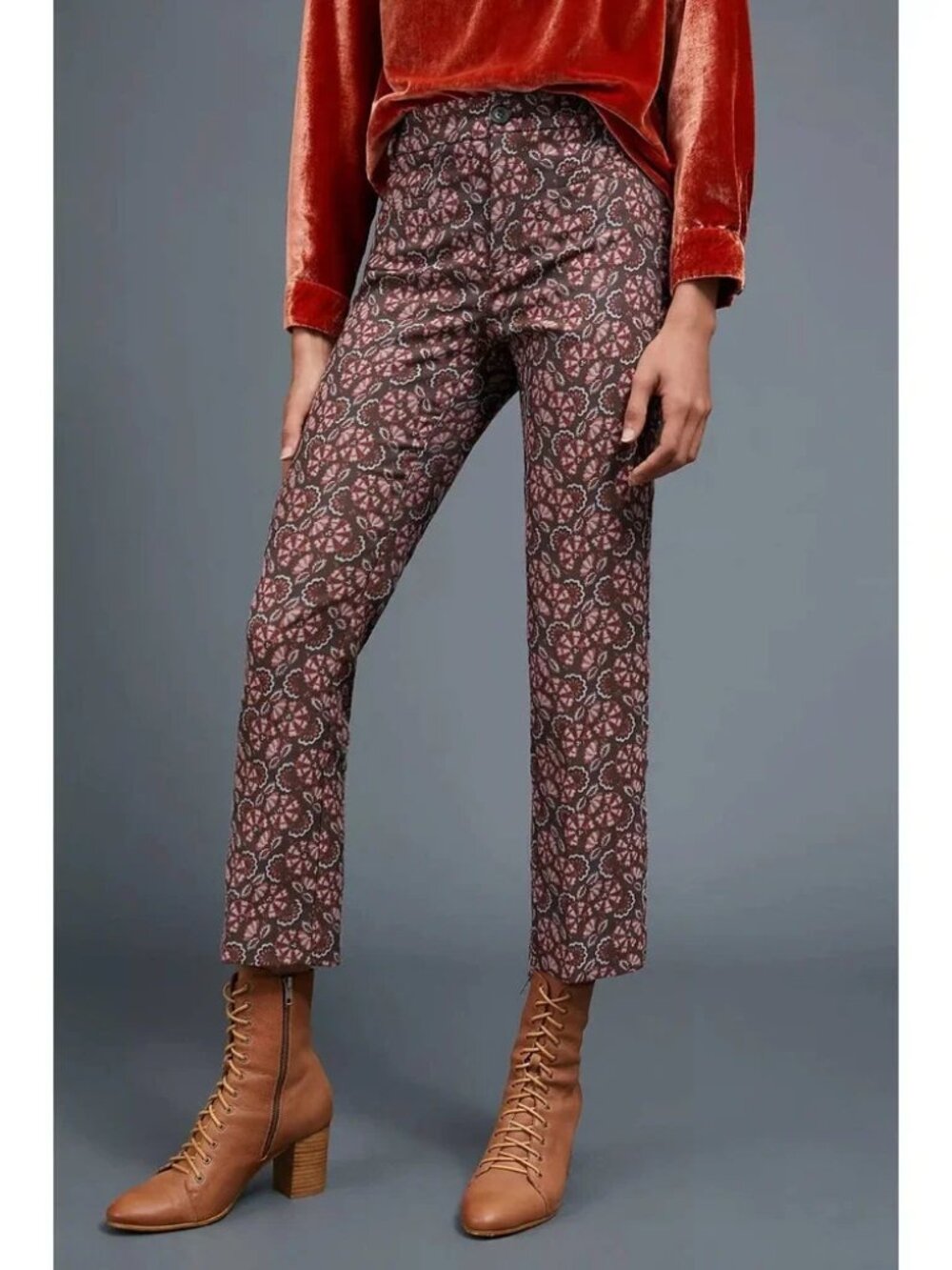 Anthropologie The Essential Slim Straight Leg Jacquard Print Pants Brown Size 4